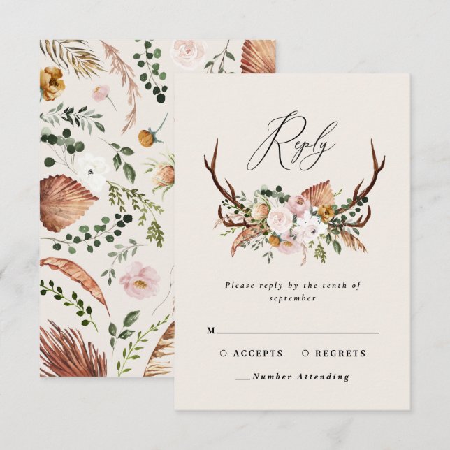 Stag terracotta pink floral rustic elegant wedding RSVP card (Front/Back)