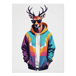 Stag Wearing Hoodie Funny Cool Animal Character Poster