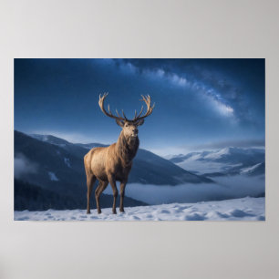 Stag Wild Majestic Animal On A Starry Galaxy Night Poster