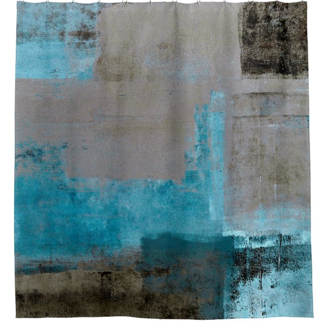 'Staged' Teal and Brown Abstract Art Shower Curtain (Front)