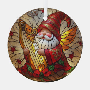 Stain Glass Angel Gnome Playing a Harp Tree Decoration