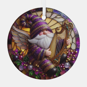 Stain Glass Angel Gnome Playing Harp Glass Tree Decoration