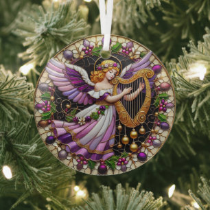 Stain Glass Angel playing a harp Glass Tree Decoration