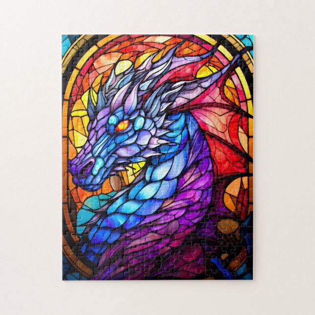 Stain Glass Blue and Purple Dragon Puzzle (Vertical)