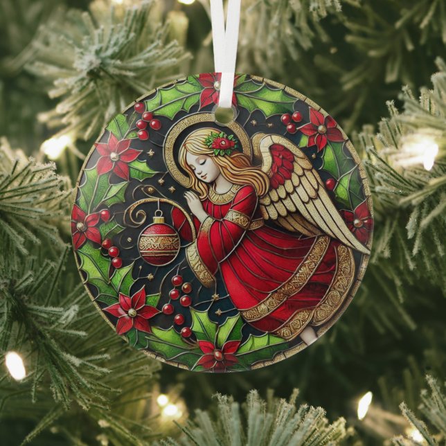 Stain Glass Christmas Angel and Poinsettias Glass Tree Decoration (Insitu)