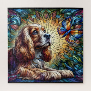 Stain glass Cocker spaniel vibrant yellow blue  Jigsaw Puzzle
