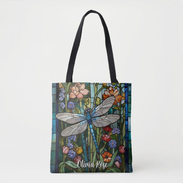 Stain glass Dragonfly art painting botanical boho  Tote Bag (Front)