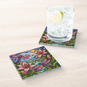 Stain Glass Lilies and Dragonflies Pink Coaster