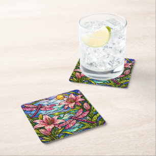 Stain Glass Lilies and Dragonflies Pink Square Paper Coaster
