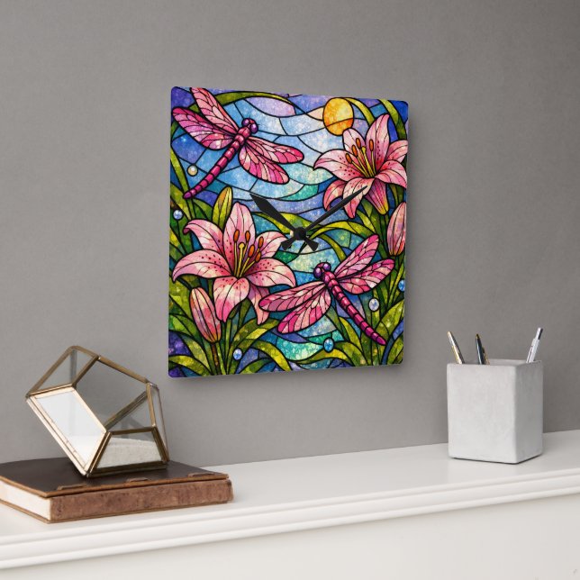 Stain Glass Lilies and Dragonflies Pink Square Wall Clock (Office)