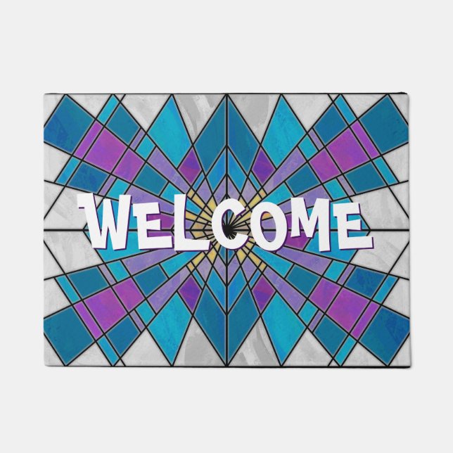 Stain Glass Ray Blue and Purple Doormat (Front)