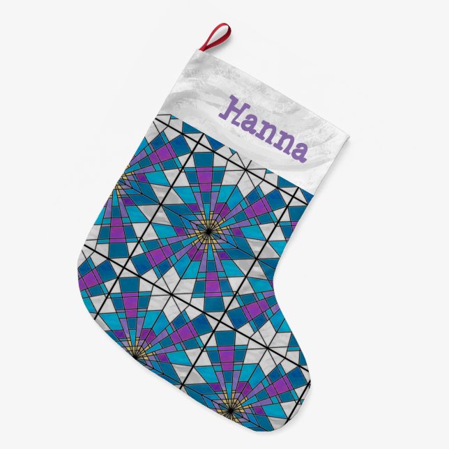Stain Glass Ray Blue and Purple Large Christmas Stocking (Front (Hanging))
