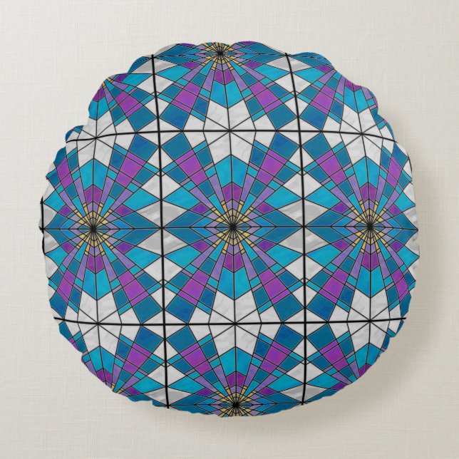 Stain Glass Ray Blue and Purple Round Cushion (Front)
