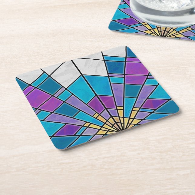 Stain Glass with Blue and Purple Angle Pattern Square Paper Coaster (Angled)