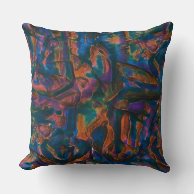 Stained and dented blue shades of aged copper cushion (Front)