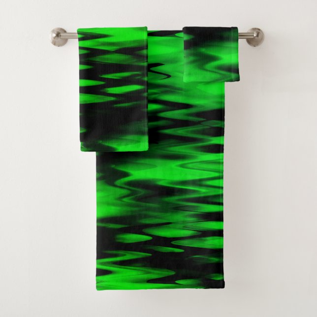 Stained black and green forming abstract zigzag bath towel set (Insitu)
