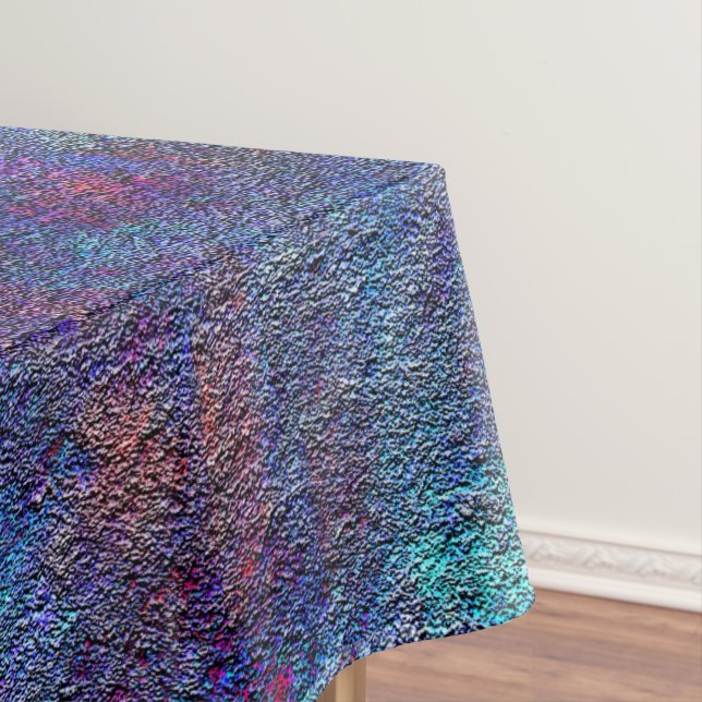 Stained cyan and red paint leftover splatters      tablecloth (In Situ)