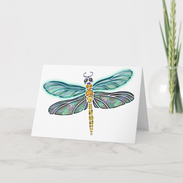 Stained Glass & Abalone Shell Dragonfly Card (Front)