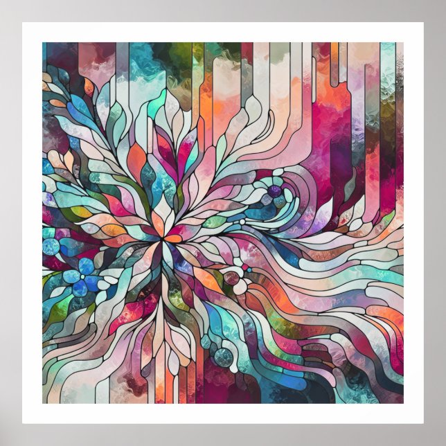 Stained Glass Abstract Floral Design Poster (Front)