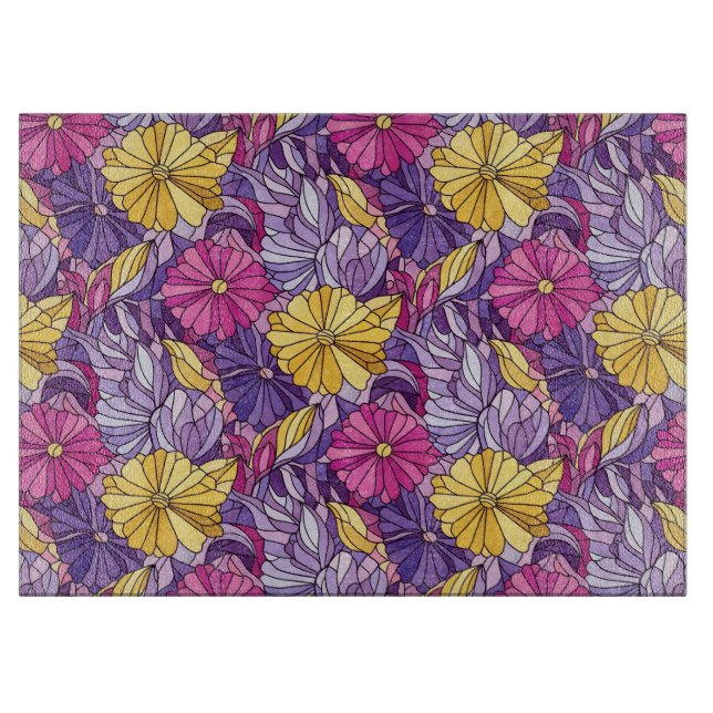 Stained Glass Abstract Purple Yellow Pink Cutting Board (Front)