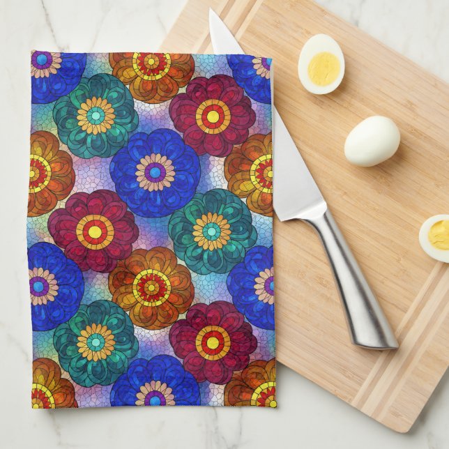 Stained Glass Abstract Red Green Blue Orange Tea Towel (Quarter Fold)