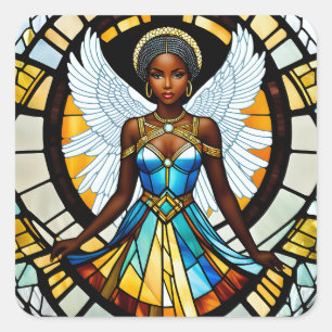 Stained Glass African American Angel Illustration Square Sticker
