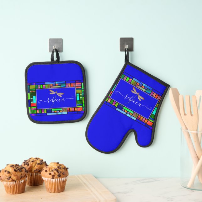Stained glass and dragonfly personalised  kitchen  oven mitt & pot holder set (Insitu(Hanging))