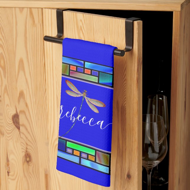 Stained glass and dragonfly personalised  kitchen  tea towel (Thirds Fold)