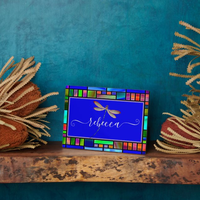 Stained glass and dragonfly personalised  plaque (Side)