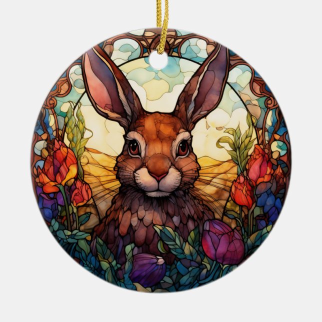 Stained Glass animal - Rabbit illustration Ceramic Tree Decoration (Front)