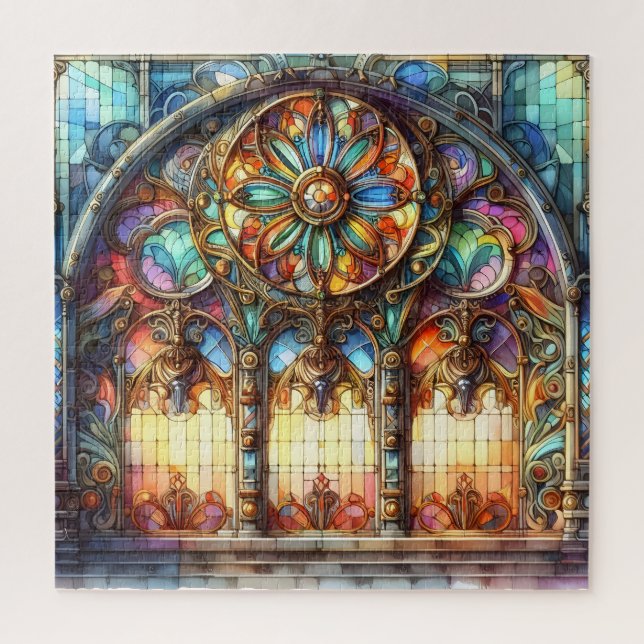 Stained glass Arch Cathedral glass yellow blue  Jigsaw Puzzle (Vertical)