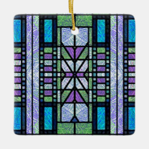 Stained Glass Art Deco in Blue and Purple Ceramic Ornament