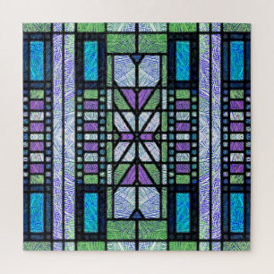 Stained Glass Art Deco in Blue and Purple Jigsaw Puzzle