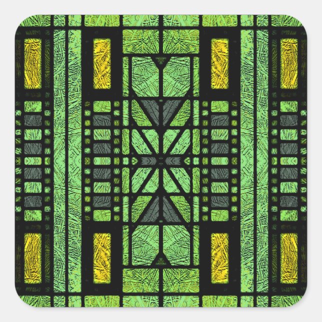 Stained Glass Art Deco in Green and Gold Square Sticker (Front)