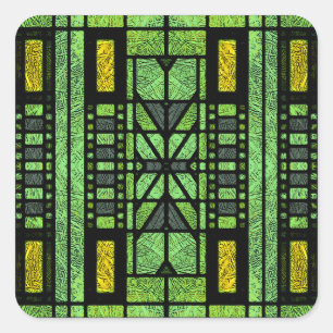 Stained Glass Art Deco in Green and Gold Square Sticker