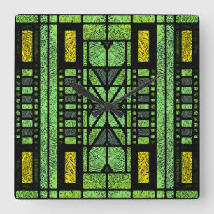 Stained Glass Art Deco in Green and Gold Square Wall Clock