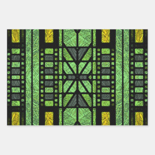 Stained Glass Art Deco in Green and Gold Wrapping Paper Sheet