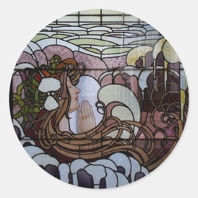 Stained Glass Art Nouveau Sea Scene Classic Round Sticker (Front)