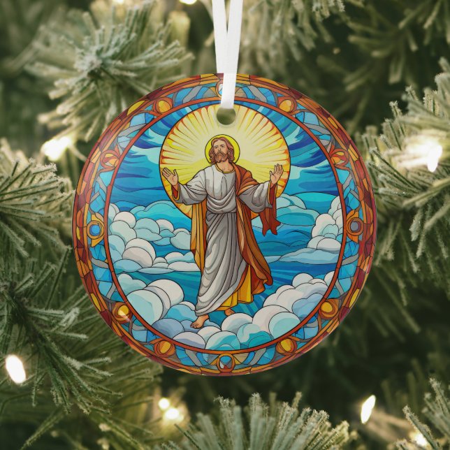 Stained Glass Art of Jesus Walking on Clouds Glass Tree Decoration (Insitu)