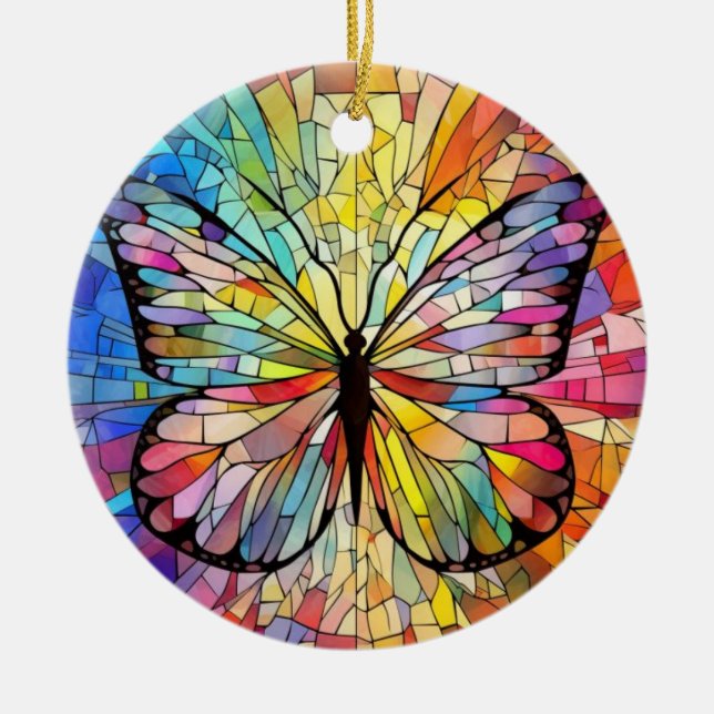 Stained Glass Art, Rainbow Butterfly Stained Glass Ceramic Tree Decoration (Front)