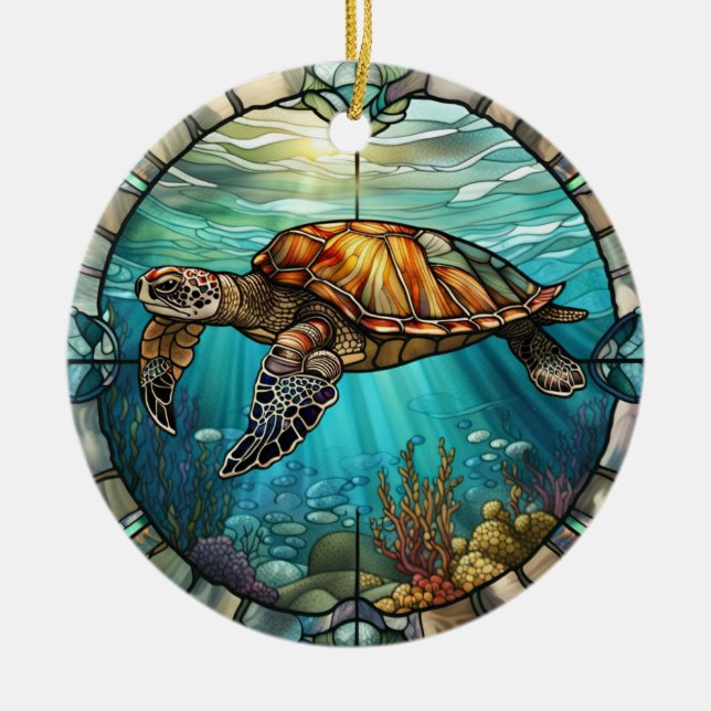 Stained Glass Art, Stained Glass Sea Turtle  Ceram Ceramic Tree Decoration (Front)