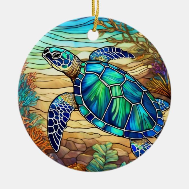 Stained Glass Art, Stained Glass Sea Turtle  Ceramic Tree Decoration (Front)