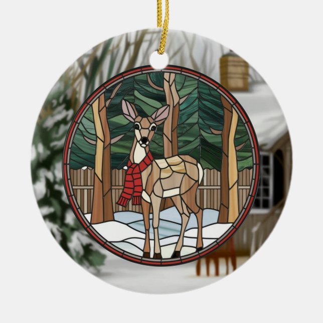 Stained Glass Art, Stained Glass Style Deer Art Ceramic Tree Decoration (Front)