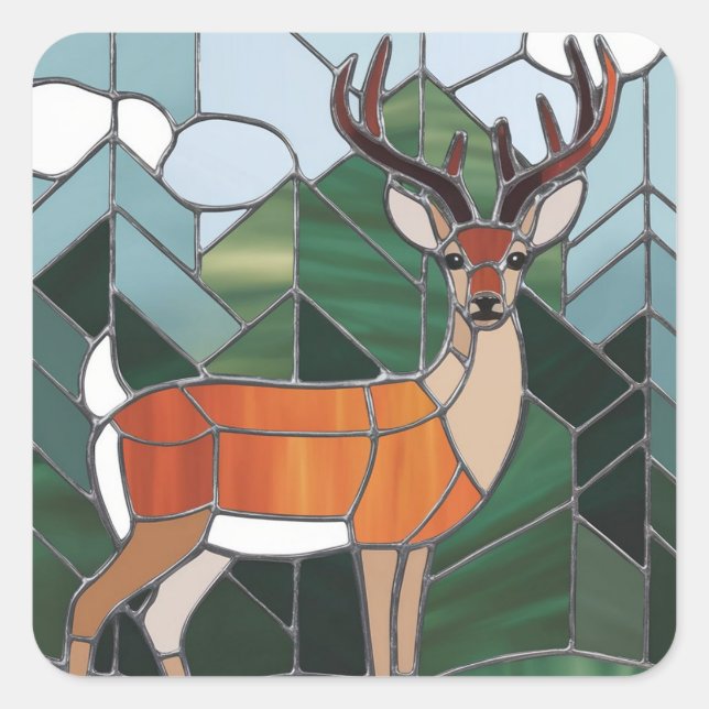 Stained Glass Art, Stained Glass Style Deer Art Square Sticker (Front)