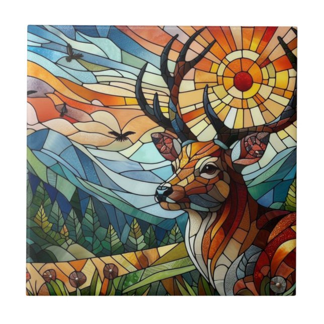 Stained Glass Art, Stained Glass Style Deer Art Tile (Front)