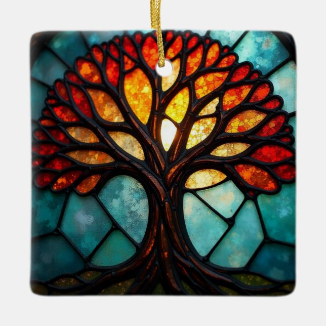 Stained Glass Art, Tree of Life Stained Glass  Ceramic Ornament (Front)