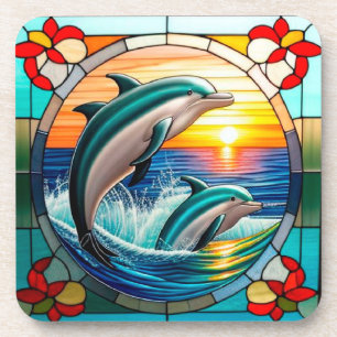 Stained Glass Art with Dolphins Leaping at Sunset Coaster