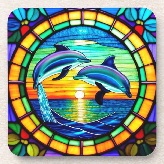 Stained Glass Art with Dolphins Leaping at Sunset Coaster (Front)