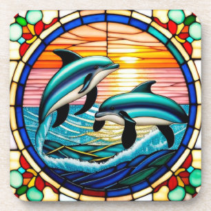 Stained Glass Art with Dolphins Leaping at Sunset Coaster