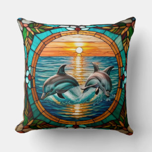 Stained Glass Art with Dolphins Leaping at Sunset Cushion
